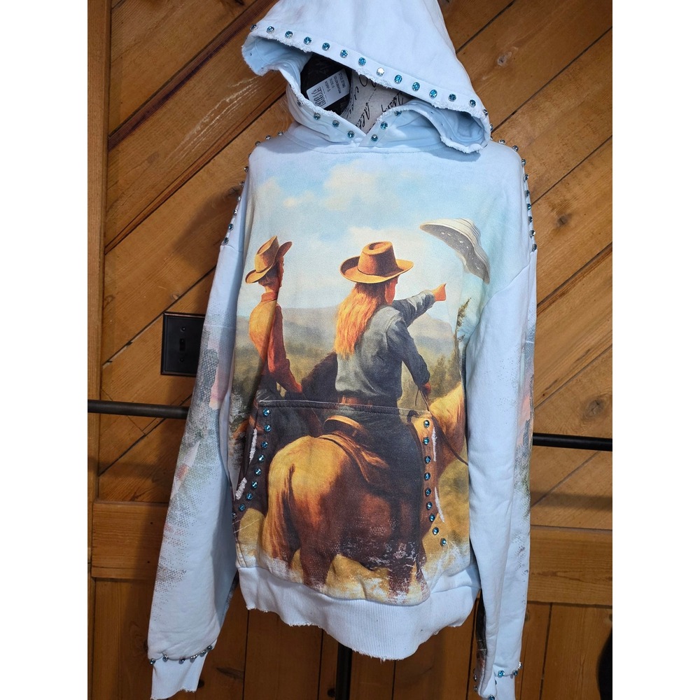 Stray Seafoam Cowboy UFO Graphic‎ Rhinestone Hoodie Mens Small NWT